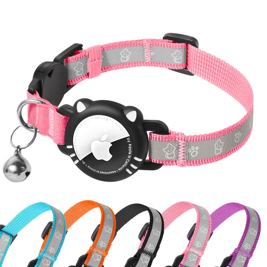 Pink cat collar with reflective strip and bell, shown with other color options on a white background.