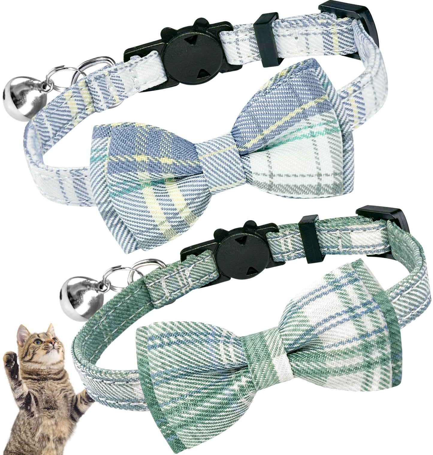Baipesiy 2 Pack Bowtie Cat Collar with Bells Breakaway Boy Cat Collar Bowtie Adjustable Kitten Collar for Boy and Girl Cute Bow Tie Bell and Buckle for Daily Decoration Birthday (Green + White)