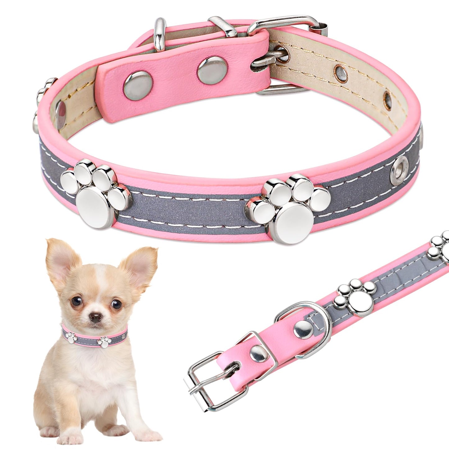 Reflective Leather Dog Collar – Pink, Paw Rivet Detail