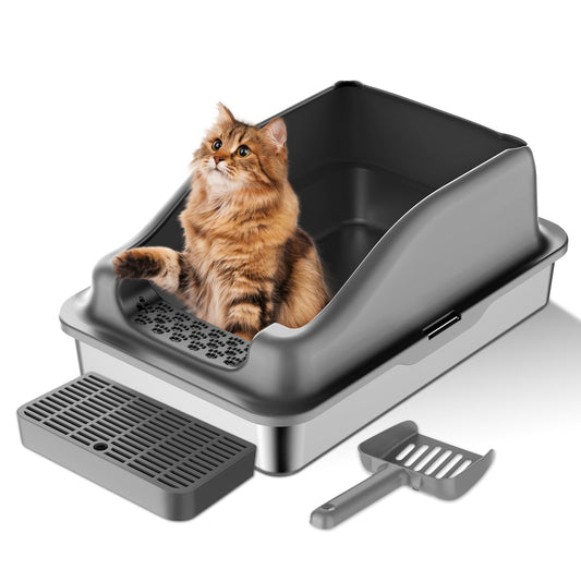 Stainless Steel Cat Litter Box with Lid, Scoop & Anti-Tracking Tray