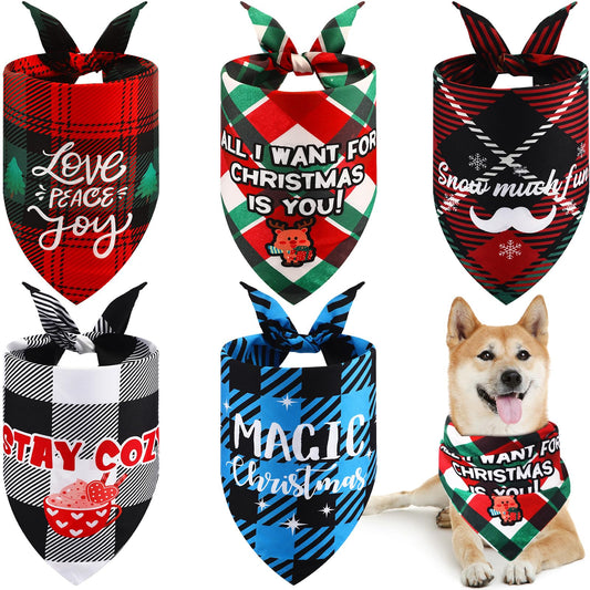 Reversible Holiday Dog Bandanas – 5-Pack, Plaid Winter Prints