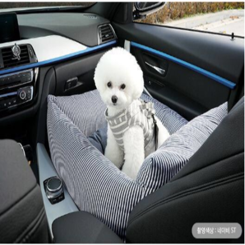 White dog sitting in a striped pet seat in a car