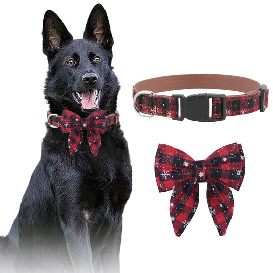 Holiday Plaid Dog Collar with Bow – Snowflake, Adjustable