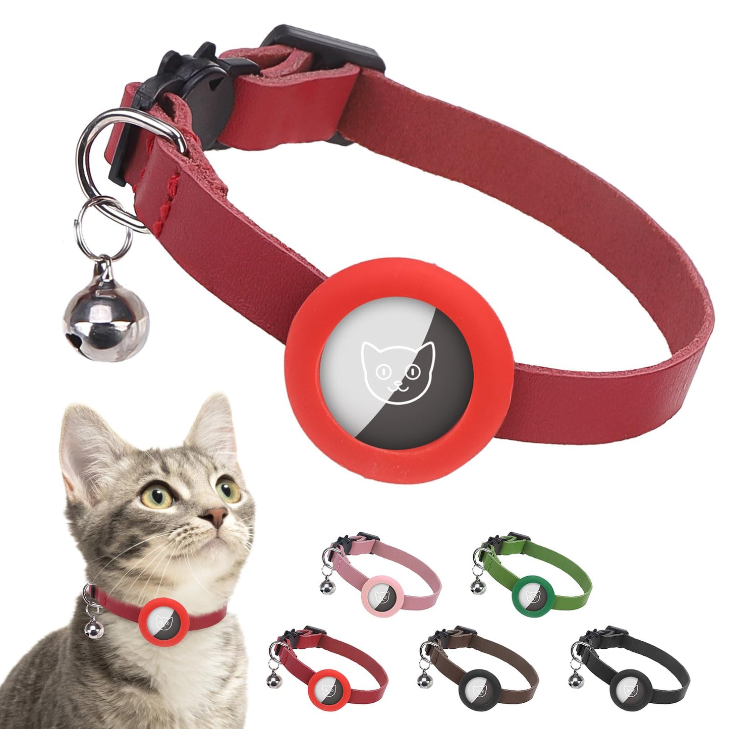 SCENEREAL Leather Airtag Cat Collar Breakaway with Bell Pet Tracker Collar with Air Tag Holder for Cats Puppy Adjustable Lightweight Kitty GPS Collars for Boys Girls Small Dogs Red