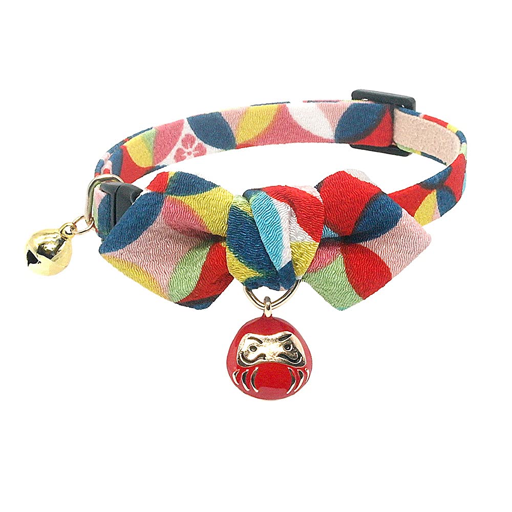 PetSoKoo Diamond Shaped Bowtie Cat Collar with Bell.Japan Lucky Daruma Charm and Cloisonne Print Crepe Fabric.Safety Breakaway.SoftLightweight(SmallRed)