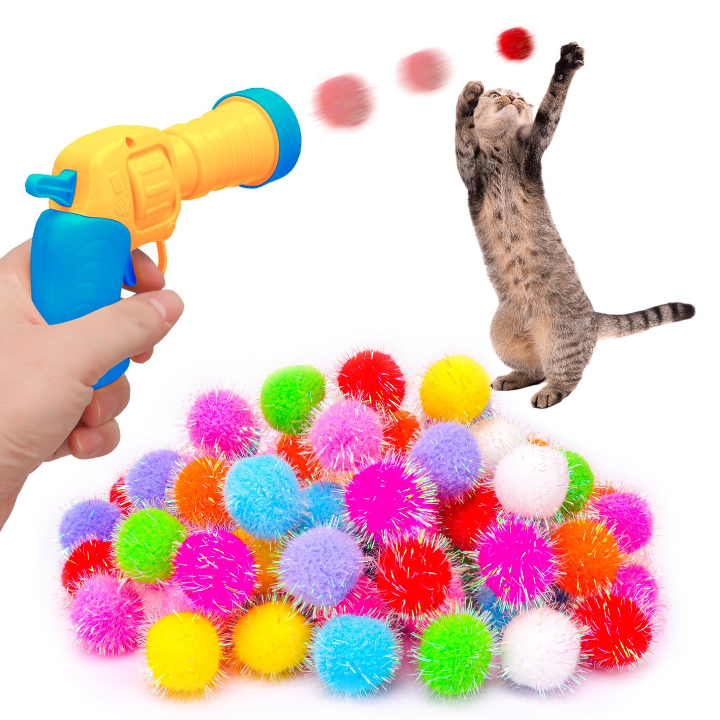 BooTaa PouncePomp™ Interactive Glitter Pom-Pom Launcher Set (80-Piece) - Pet And Wells