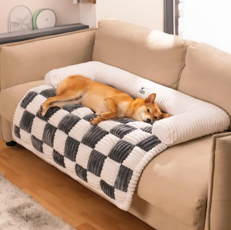 Dog lying on a checkered blanket on a large pet bed in a living room.