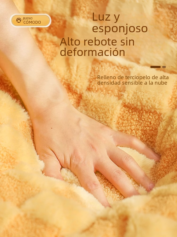 Hand touching a fluffy, light brown fabric with text describing its properties.