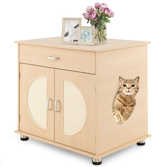 Tangkula Cat Litter Box Enclosure with Drawer & Sisal Scratching Doors