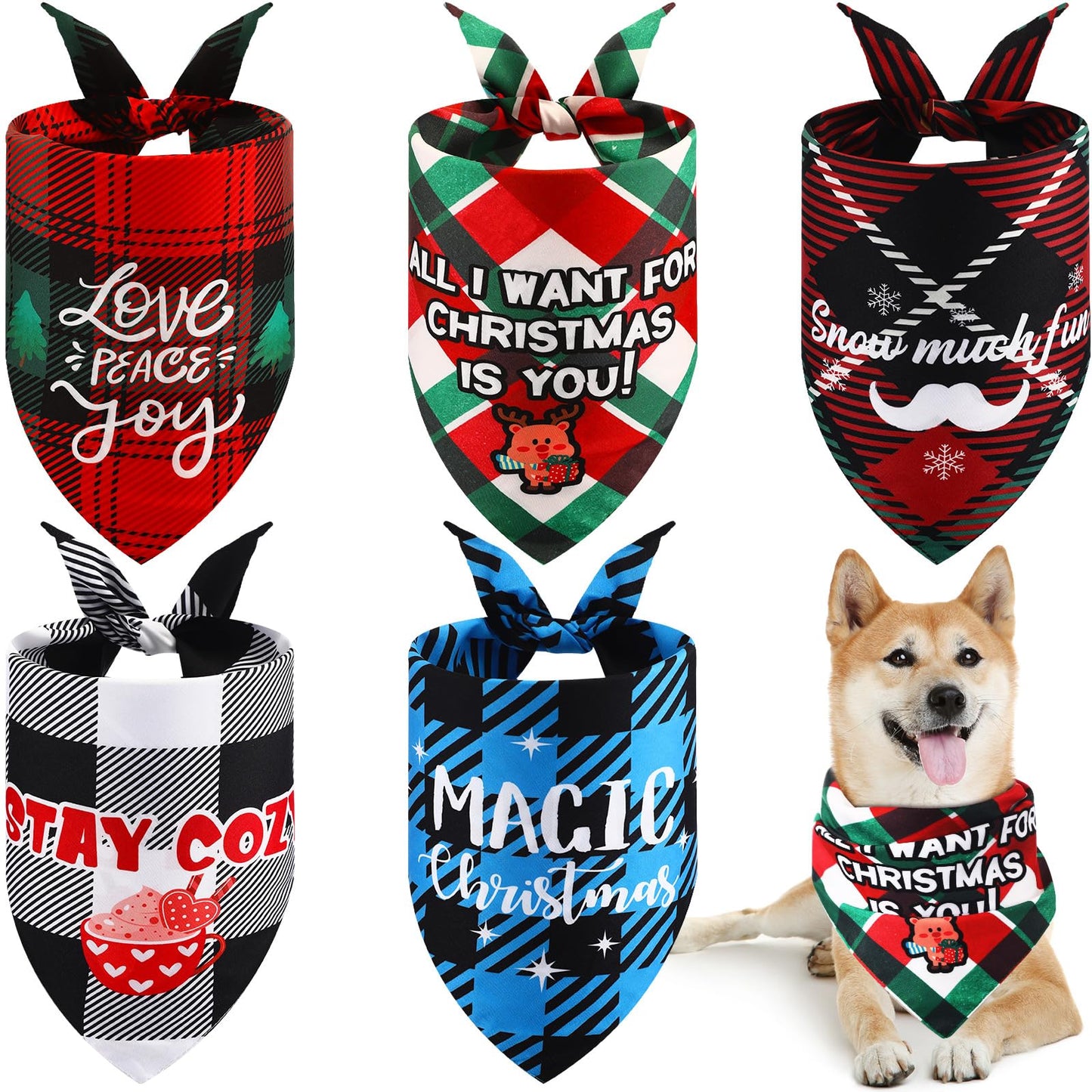 Reversible Holiday Dog Bandanas – 5-Pack, Plaid Winter Prints