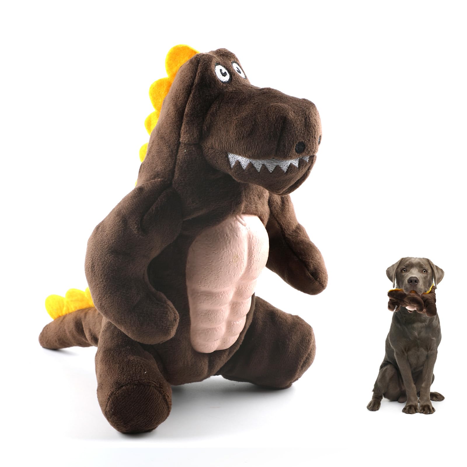 RUXAN DinoRoar™ Interactive Squeaky Plush Dinosaur Dog Toy (Brown) - Pet And Wells